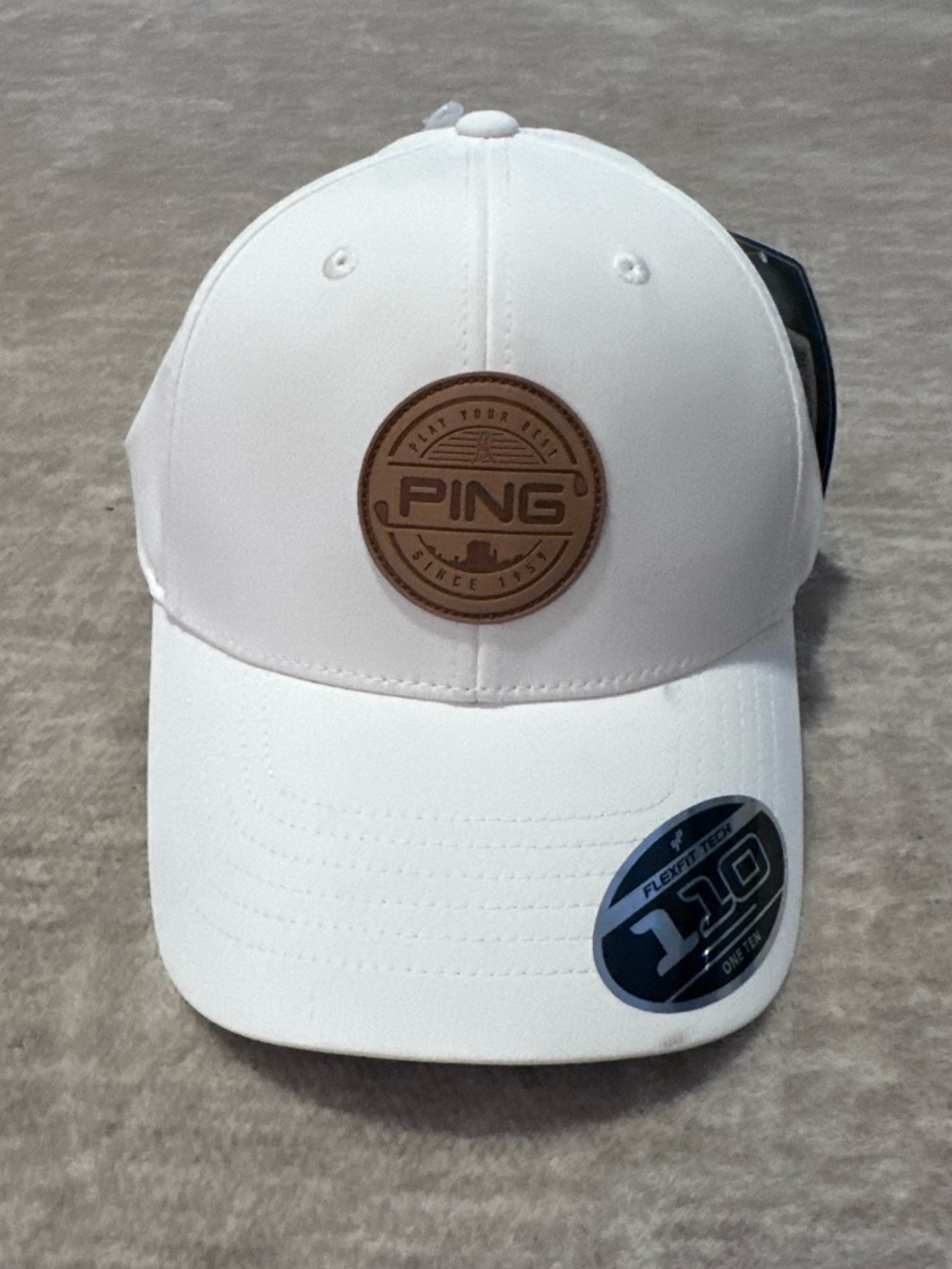 PING White Cap with Brown Leather Logo Patch